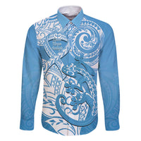 Personalised New Zealand Autism Awareness Family Matching Off Shoulder Maxi Dress and Hawaiian Shirt NZ Fern With Maori Koru Lizard LT14 Dad's Shirt - Long Sleeve Blue - Polynesian Pride