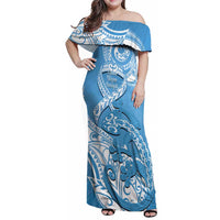 Personalised New Zealand Autism Awareness Family Matching Off Shoulder Maxi Dress and Hawaiian Shirt NZ Fern With Maori Koru Lizard LT14 Mom's Dress Blue - Polynesian Pride