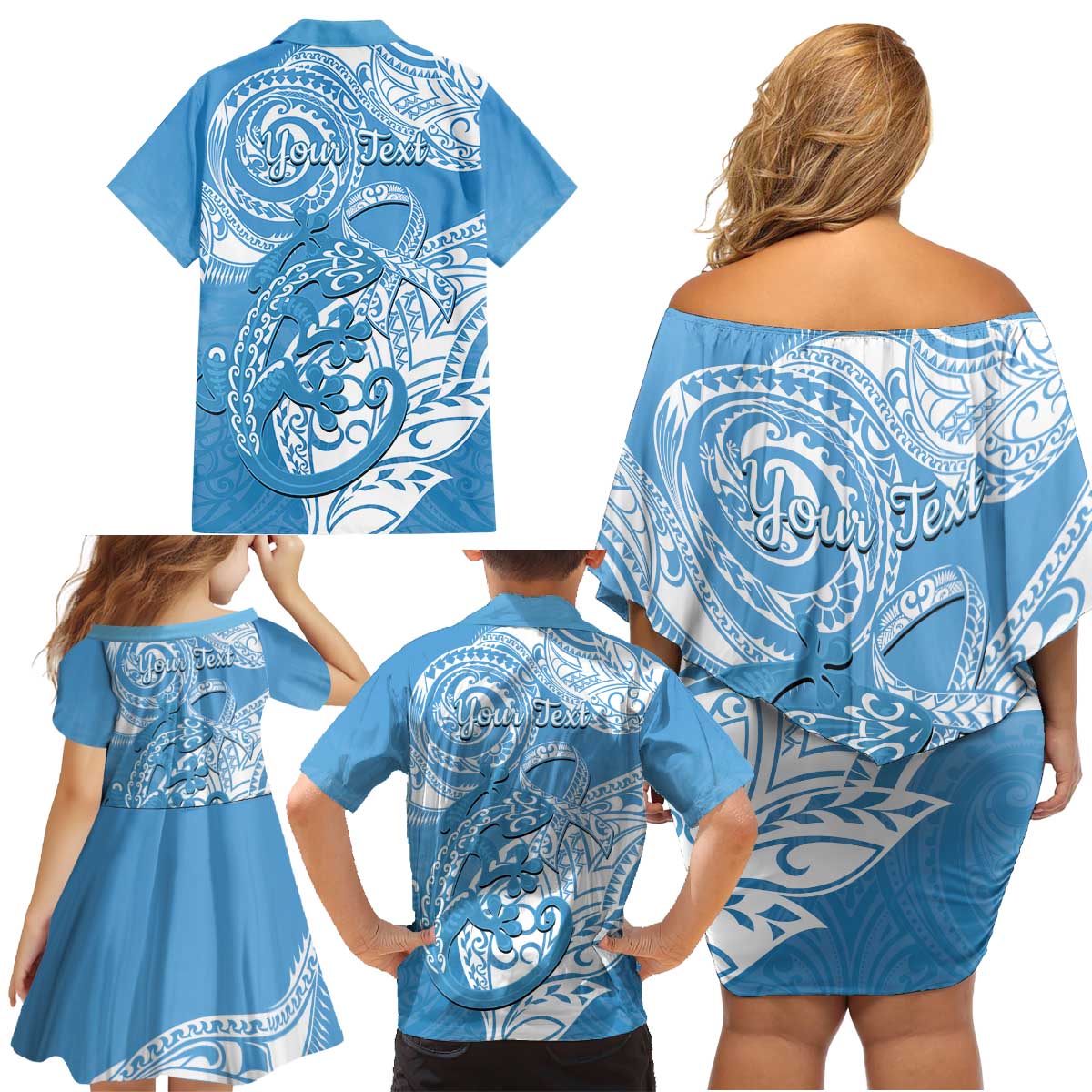 Personalised New Zealand Autism Awareness Family Matching Off Shoulder Short Dress and Hawaiian Shirt NZ Fern With Maori Koru Lizard LT14 - Polynesian Pride