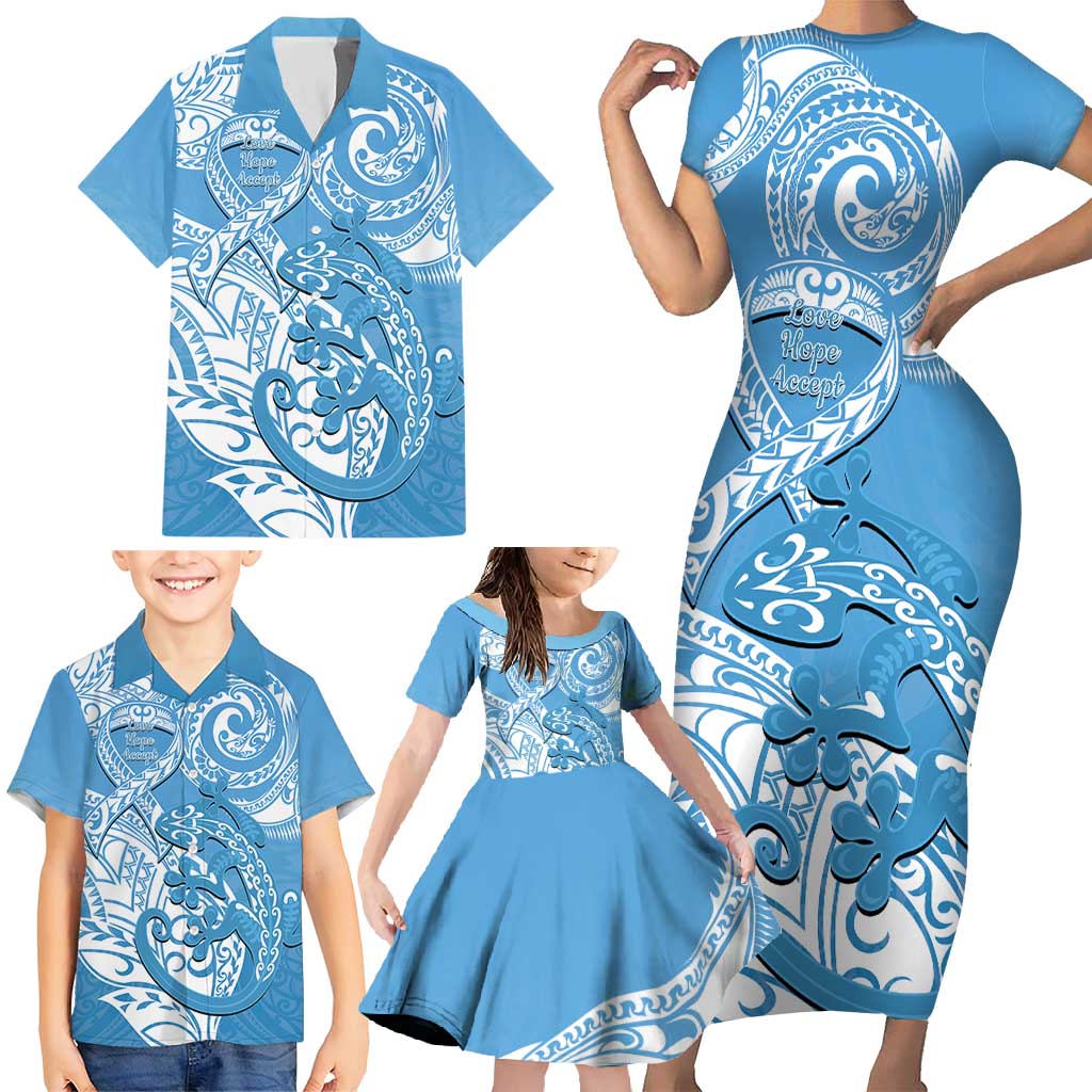 Personalised New Zealand Autism Awareness Family Matching Short Sleeve Bodycon Dress and Hawaiian Shirt NZ Fern With Maori Koru Lizard LT14 - Polynesian Pride