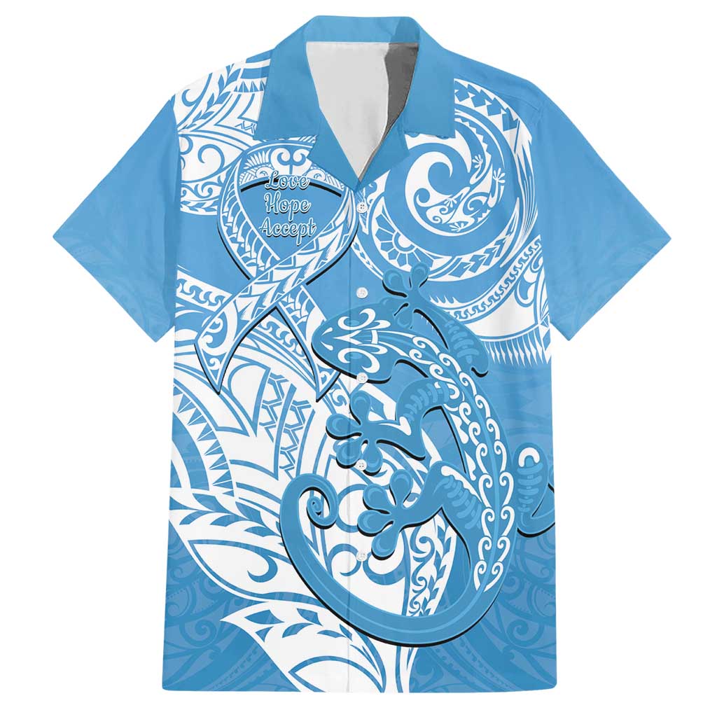 Personalised New Zealand Autism Awareness Family Matching Short Sleeve Bodycon Dress and Hawaiian Shirt NZ Fern With Maori Koru Lizard LT14 Dad's Shirt - Short Sleeve Blue - Polynesian Pride
