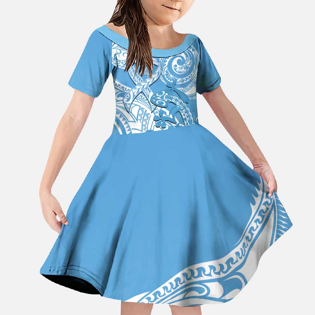 Personalised New Zealand Autism Awareness Family Matching Summer Maxi Dress and Hawaiian Shirt NZ Fern With Maori Koru Lizard LT14 Daughter's Dress Blue - Polynesian Pride