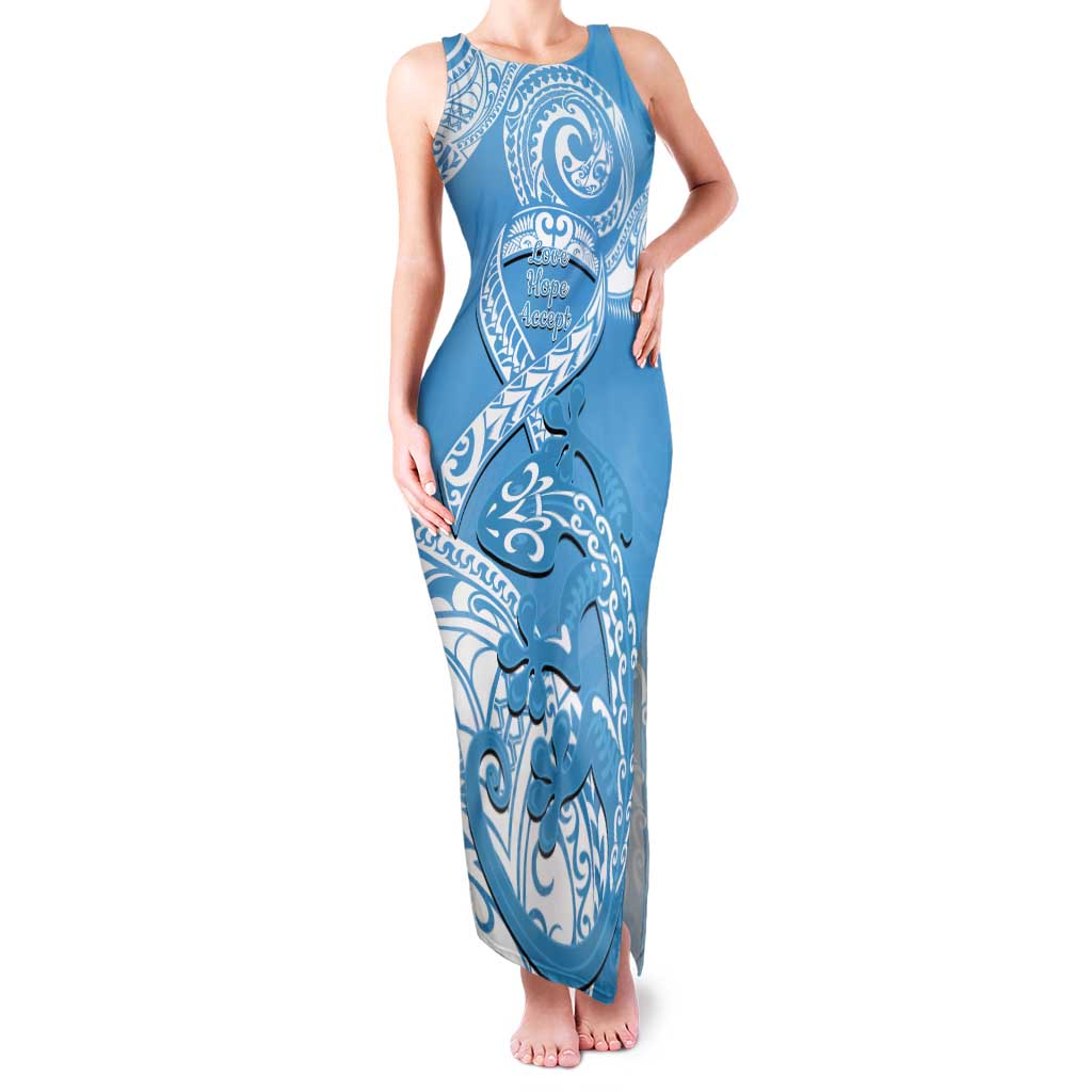 Personalised New Zealand Autism Awareness Family Matching Tank Maxi Dress and Hawaiian Shirt NZ Fern With Maori Koru Lizard LT14 Mom's Dress Blue - Polynesian Pride
