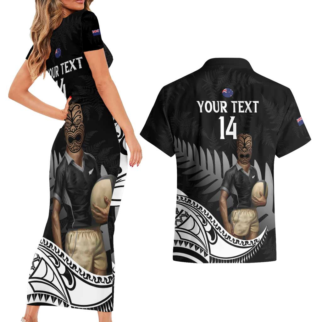 Custom New Zealand Silver Fern Rugby Couples Matching Short Sleeve Bodycon Dress and Hawaiian Shirt 2024 Aotearoa Maori Mascot Go All Black LT14 - Polynesian Pride