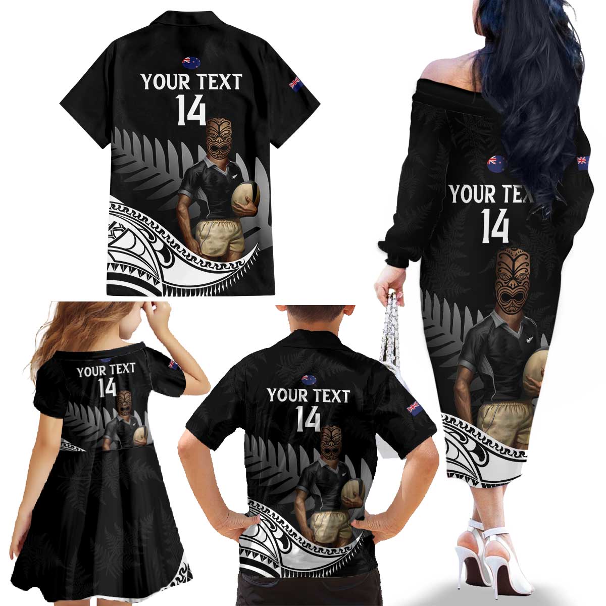 Custom New Zealand Silver Fern Rugby Family Matching Off The Shoulder Long Sleeve Dress and Hawaiian Shirt 2024 Aotearoa Maori Mascot Go All Black LT14 - Polynesian Pride