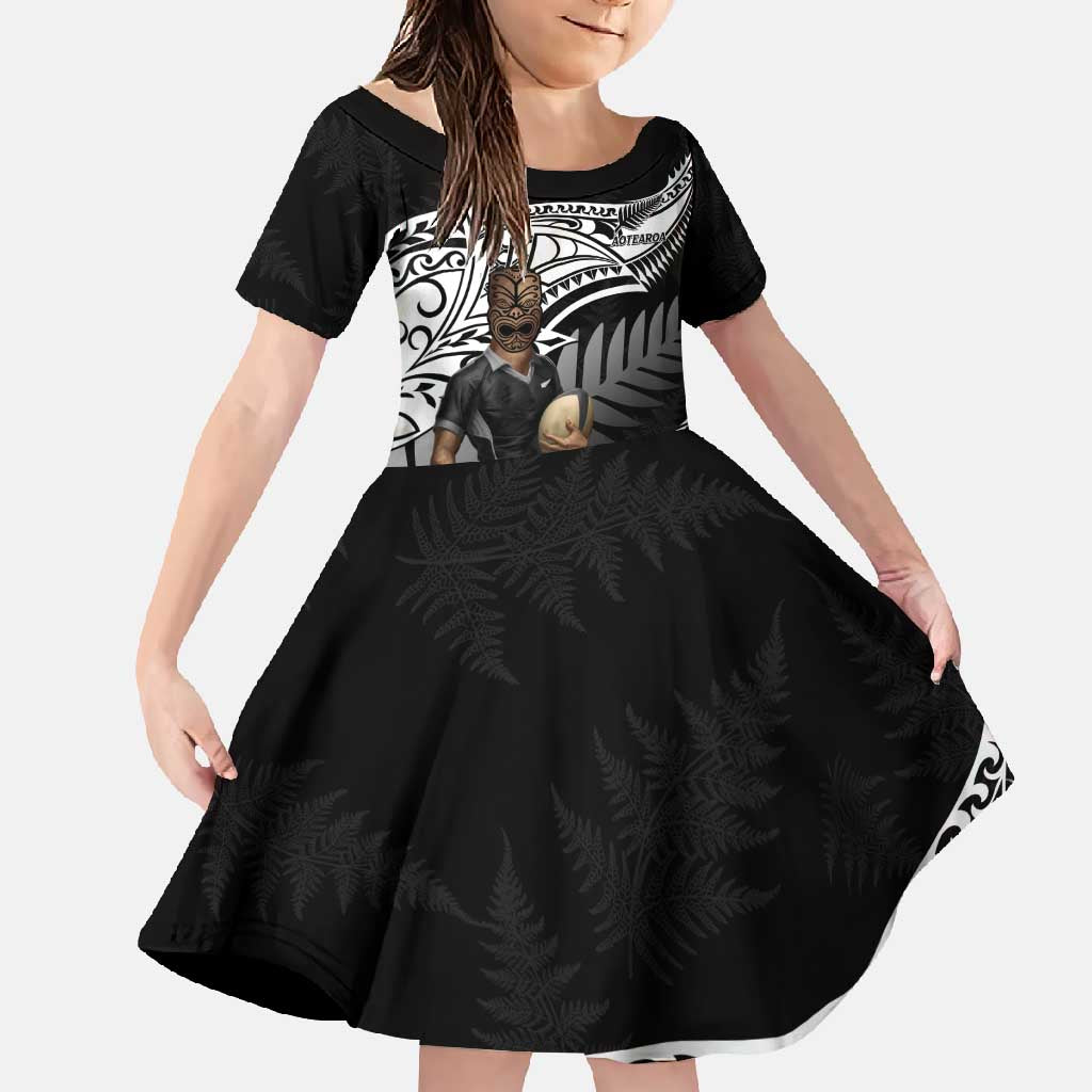 Custom New Zealand Silver Fern Rugby Family Matching Off Shoulder Maxi Dress and Hawaiian Shirt 2024 Aotearoa Maori Mascot Go All Black LT14 Daughter's Dress Black - Polynesian Pride