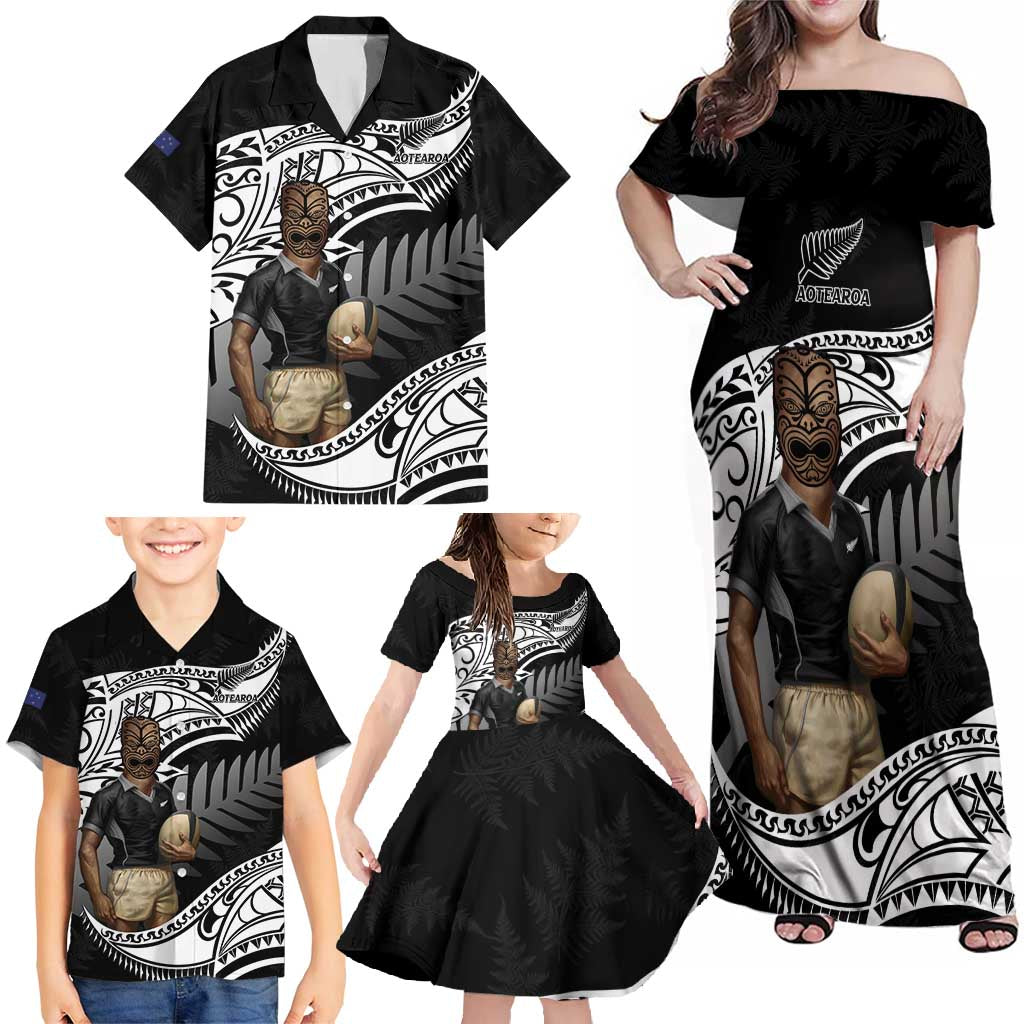 Custom New Zealand Silver Fern Rugby Family Matching Off Shoulder Maxi Dress and Hawaiian Shirt 2024 Aotearoa Maori Mascot Go All Black LT14 - Polynesian Pride