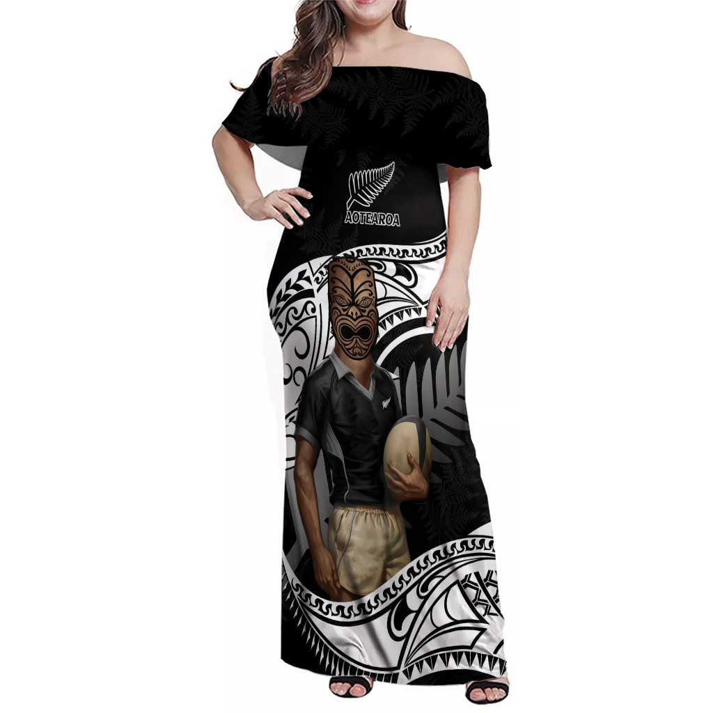 Custom New Zealand Silver Fern Rugby Family Matching Off Shoulder Maxi Dress and Hawaiian Shirt 2024 Aotearoa Maori Mascot Go All Black LT14 Mom's Dress Black - Polynesian Pride