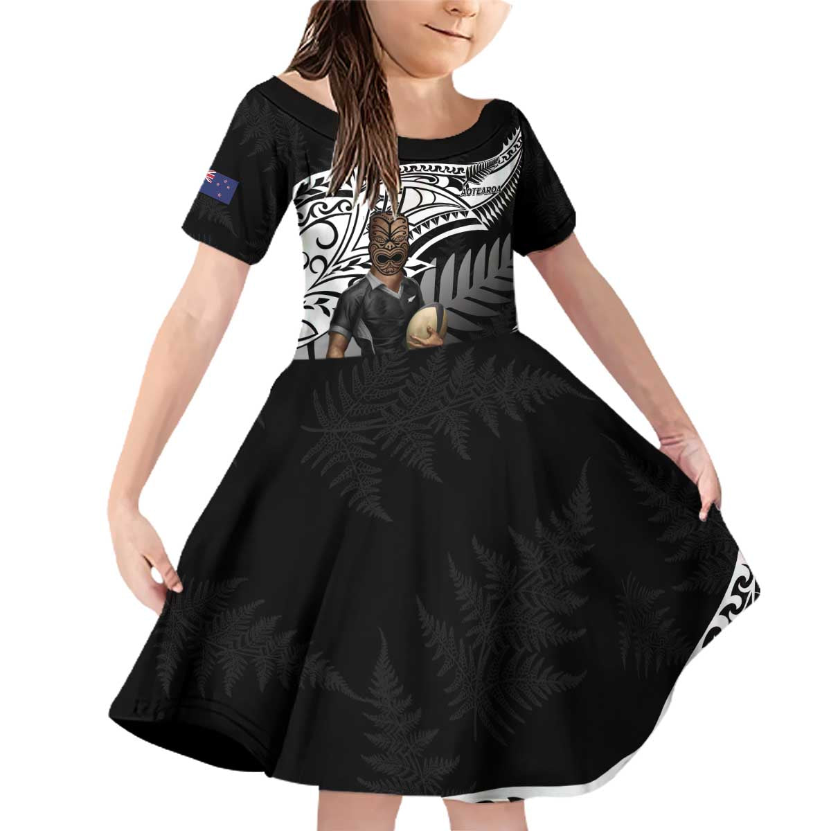Custom New Zealand Silver Fern Rugby Family Matching Off Shoulder Short Dress and Hawaiian Shirt 2024 Aotearoa Maori Mascot Go All Black LT14 Daughter's Dress Black - Polynesian Pride