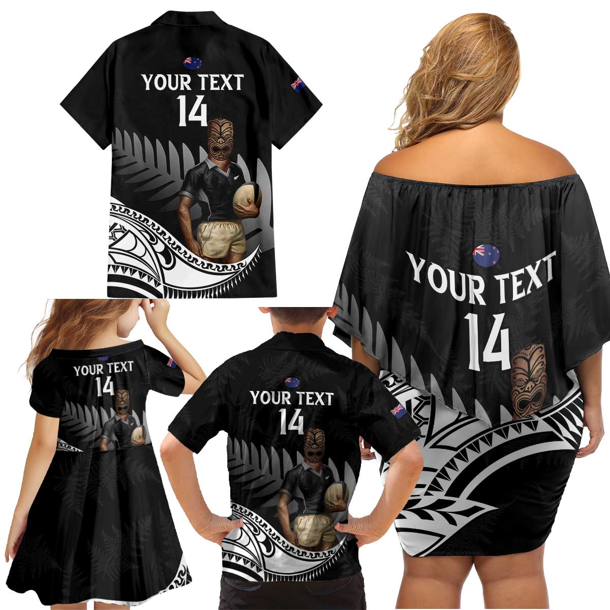 Custom New Zealand Silver Fern Rugby Family Matching Off Shoulder Short Dress and Hawaiian Shirt 2024 Aotearoa Maori Mascot Go All Black LT14 - Polynesian Pride