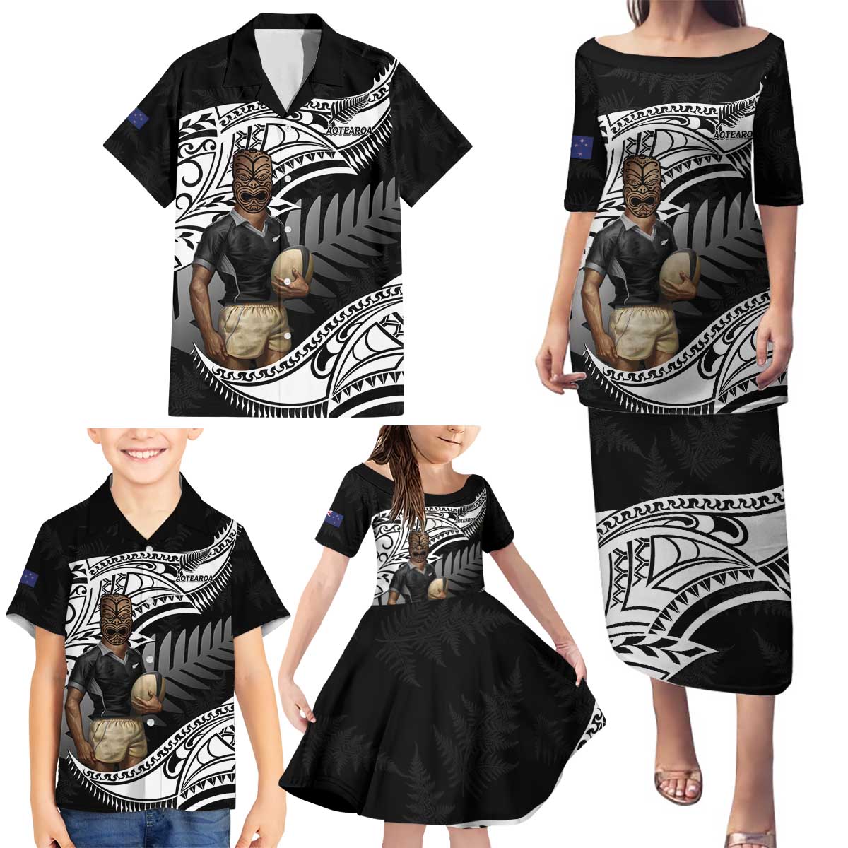 Custom New Zealand Silver Fern Rugby Family Matching Puletasi and Hawaiian Shirt 2024 Aotearoa Maori Mascot Go All Black LT14 - Polynesian Pride