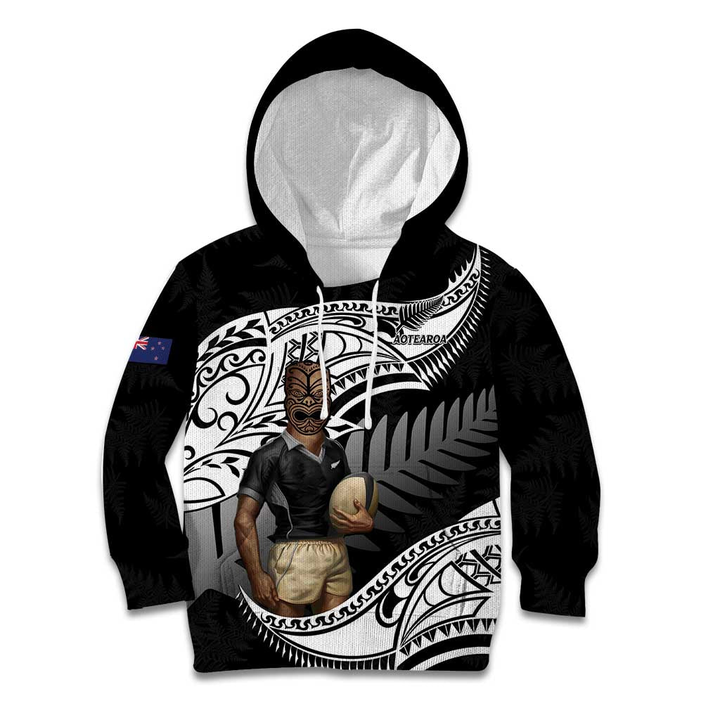 Custom New Zealand Silver Fern Rugby Kid Hoodie 2024 Aotearoa Maori Mascot Go All Black LT14 Hoodie Black - Polynesian Pride