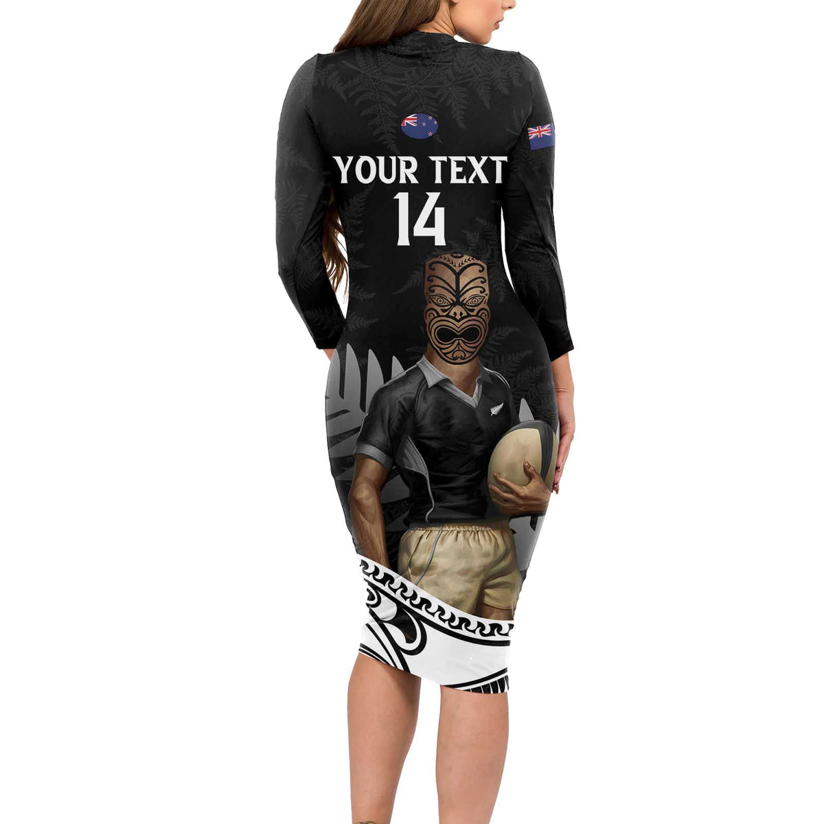 Custom New Zealand Silver Fern Rugby Long Sleeve Bodycon Dress 2024 Aotearoa Maori Mascot Go All Black LT14 - Polynesian Pride