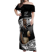 Custom New Zealand Silver Fern Rugby Off Shoulder Maxi Dress 2024 Aotearoa Maori Mascot Go All Black LT14 Women Black - Polynesian Pride