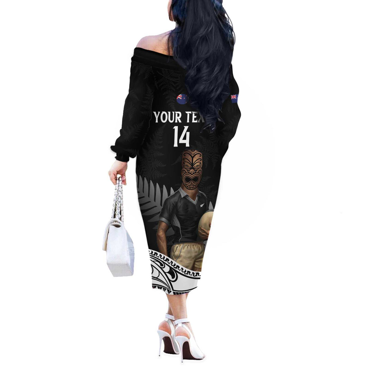 Custom New Zealand Silver Fern Rugby Off The Shoulder Long Sleeve Dress 2024 Aotearoa Maori Mascot Go All Black LT14 - Polynesian Pride
