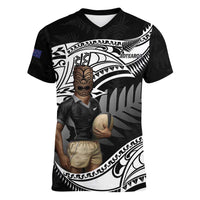 Custom New Zealand Silver Fern Rugby Women V-Neck T-Shirt 2024 Aotearoa Maori Mascot Go All Black LT14 Female Black - Polynesian Pride