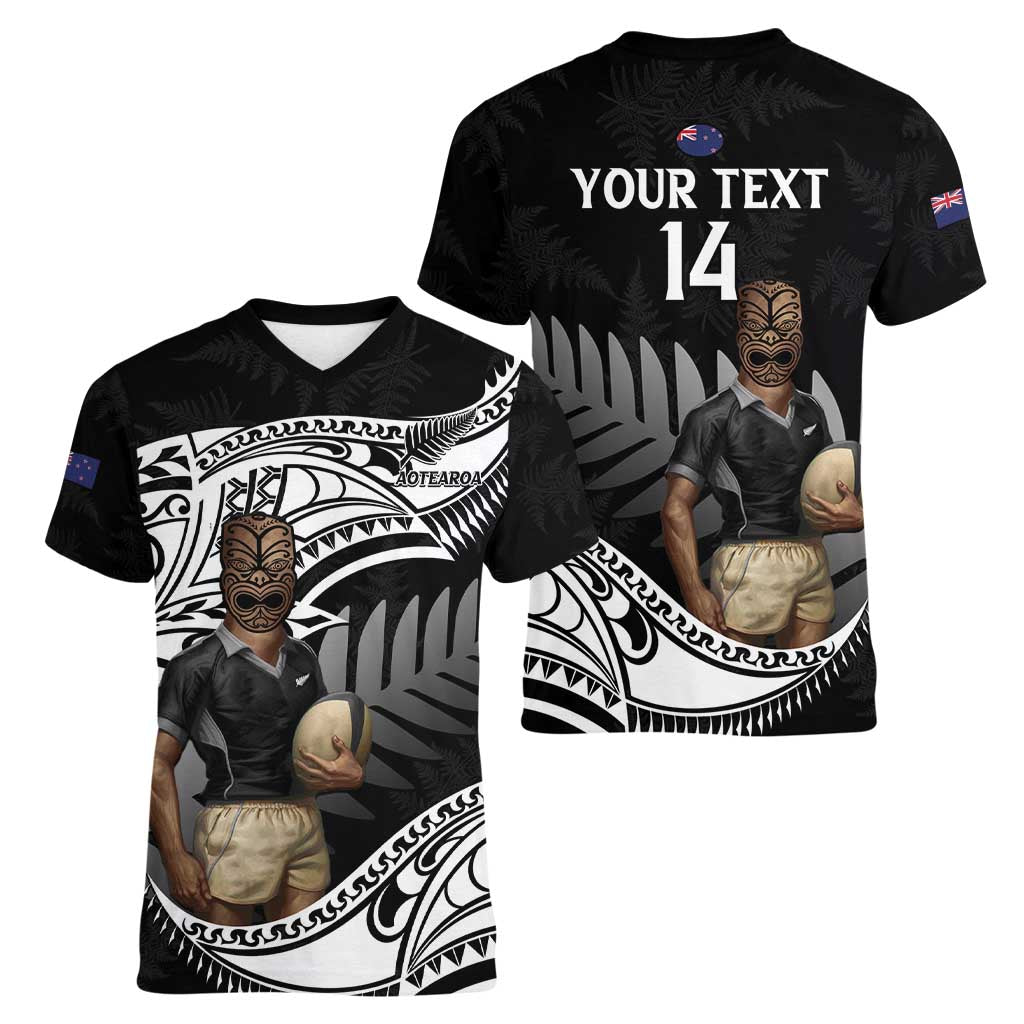 Custom New Zealand Silver Fern Rugby Women V-Neck T-Shirt 2024 Aotearoa Maori Mascot Go All Black LT14 - Polynesian Pride