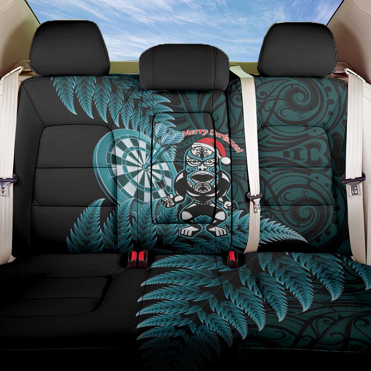 New Zealand Darts Christmas Back Car Seat Cover Maori Fern Merry Dartsmas LT14 One Size Cyan - Polynesian Pride