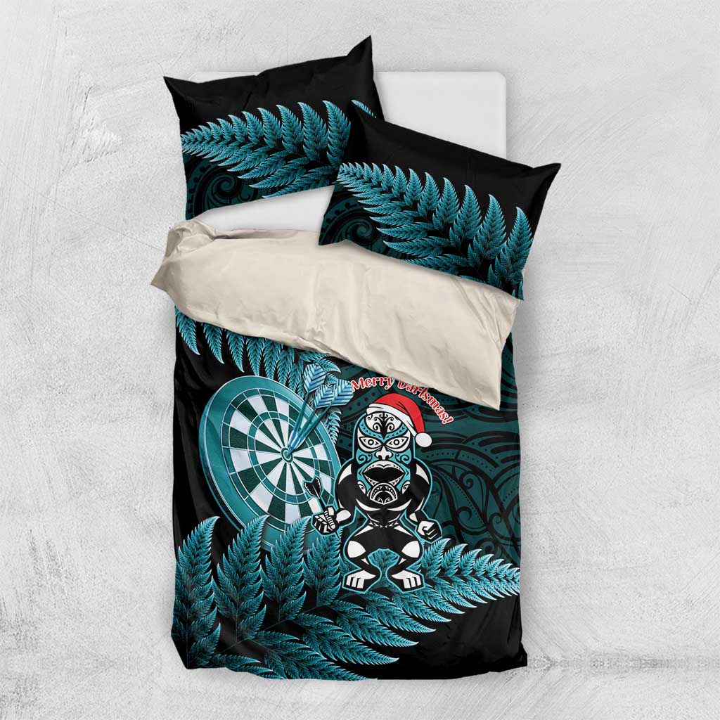 New Zealand Darts Christmas Bedding Set Maori Fern Merry Dartsmas LT14 US Twin 172cm x 218cm Cyan - Polynesian Pride