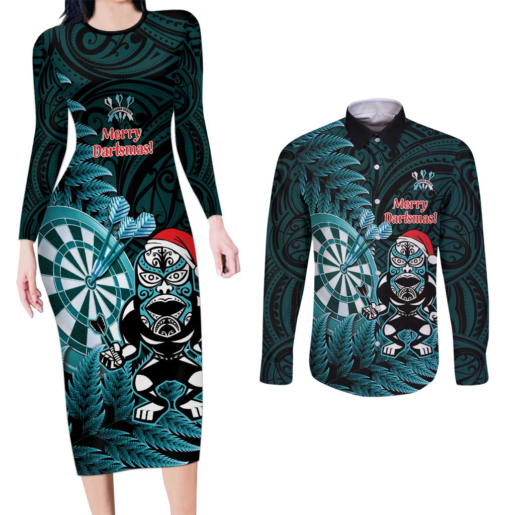Personalised New Zealand Darts Christmas Couples Matching Long Sleeve Bodycon Dress and Long Sleeve Button Shirt Maori Fern Merry Dartsmas LT14 Cyan - Polynesian Pride