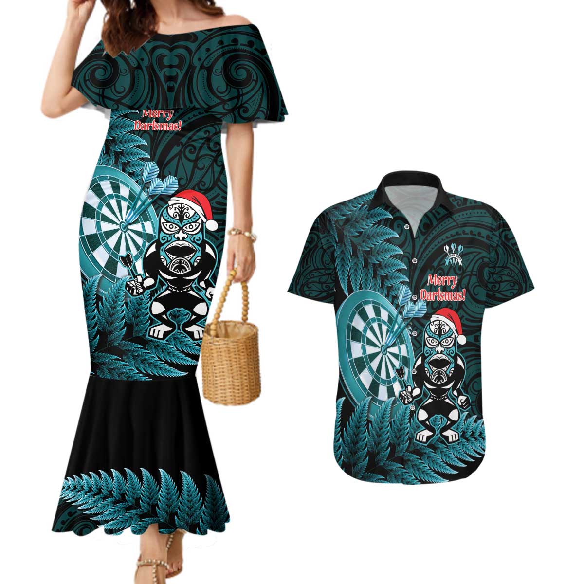 Personalised New Zealand Darts Christmas Couples Matching Mermaid Dress and Hawaiian Shirt Maori Fern Merry Dartsmas LT14 Cyan - Polynesian Pride