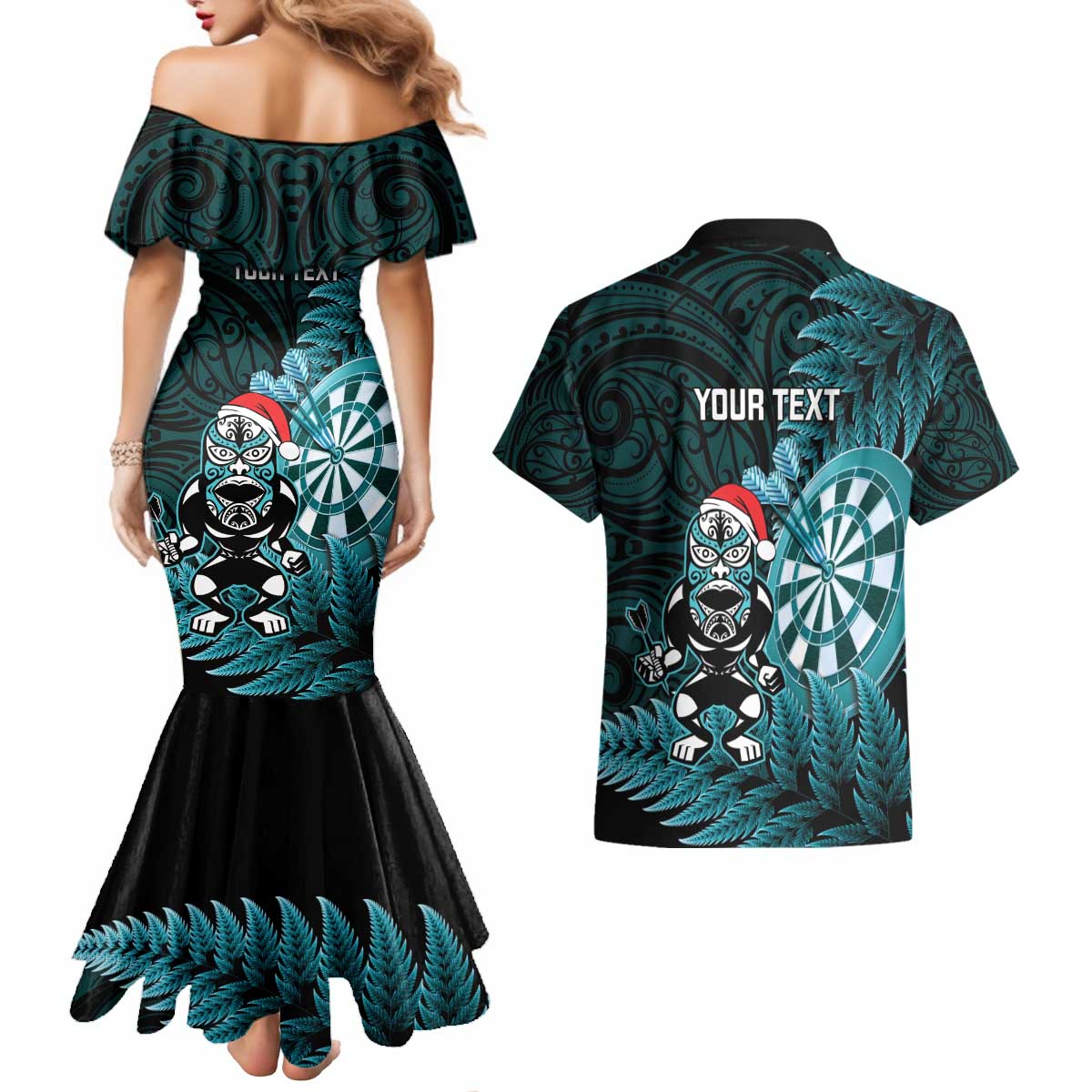 Personalised New Zealand Darts Christmas Couples Matching Mermaid Dress and Hawaiian Shirt Maori Fern Merry Dartsmas LT14 - Polynesian Pride
