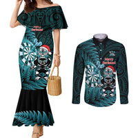 Personalised New Zealand Darts Christmas Couples Matching Mermaid Dress and Long Sleeve Button Shirt Maori Fern Merry Dartsmas LT14 Cyan - Polynesian Pride