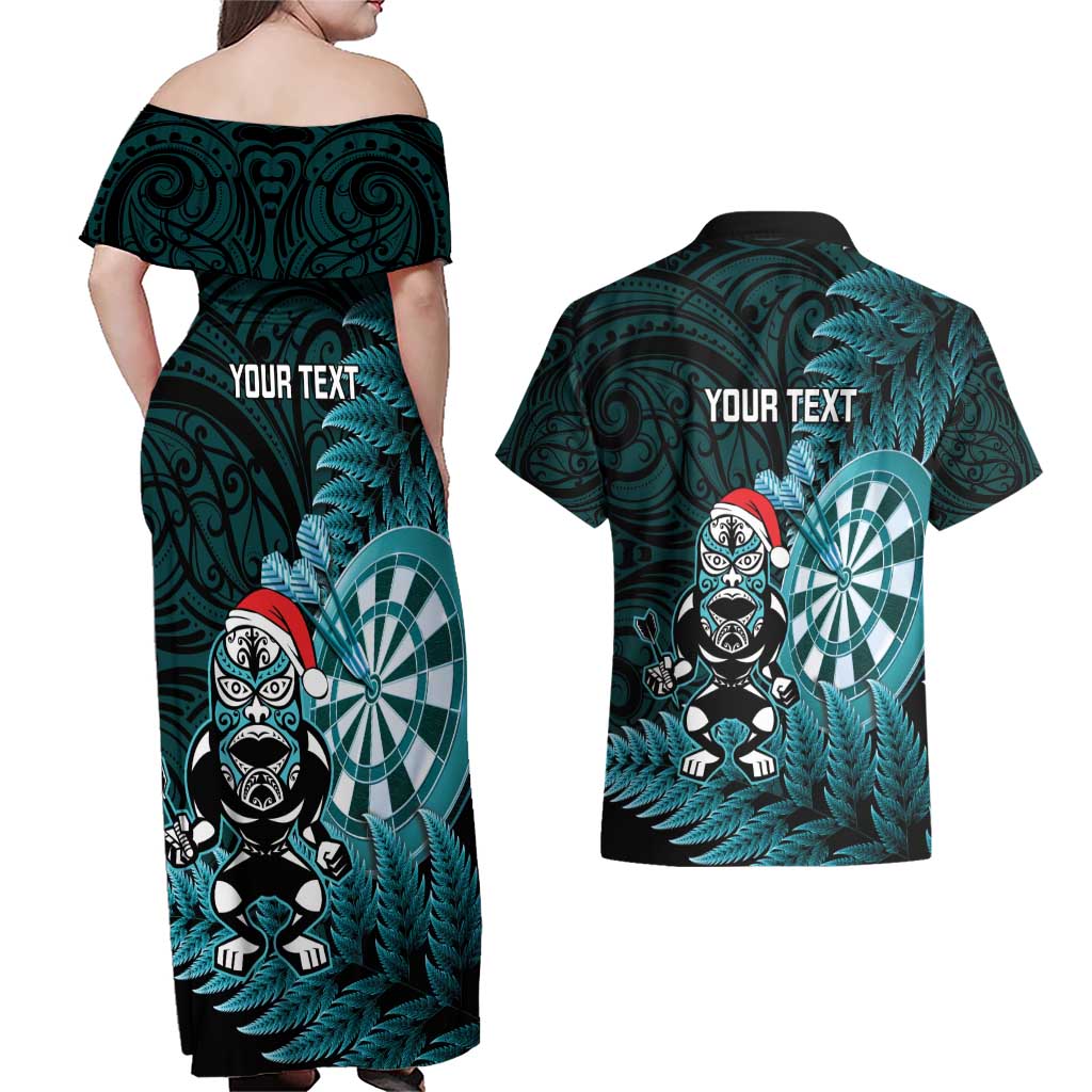 Personalised New Zealand Darts Christmas Couples Matching Off Shoulder Maxi Dress and Hawaiian Shirt Maori Fern Merry Dartsmas LT14 - Polynesian Pride