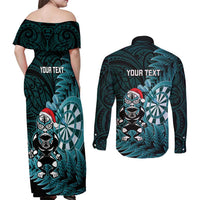 Personalised New Zealand Darts Christmas Couples Matching Off Shoulder Maxi Dress and Long Sleeve Button Shirt Maori Fern Merry Dartsmas LT14 - Polynesian Pride
