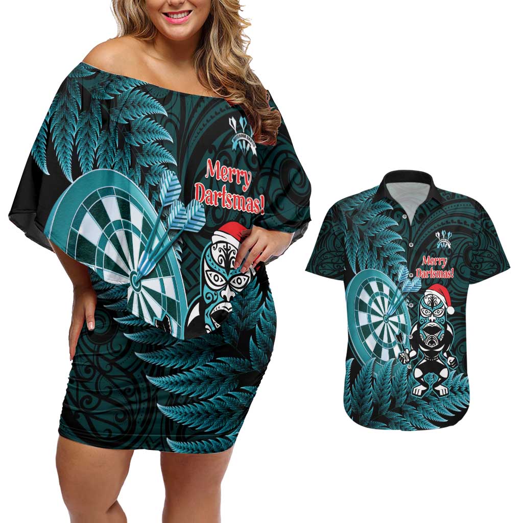 Personalised New Zealand Darts Christmas Couples Matching Off Shoulder Short Dress and Hawaiian Shirt Maori Fern Merry Dartsmas LT14 Cyan - Polynesian Pride