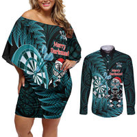 Personalised New Zealand Darts Christmas Couples Matching Off Shoulder Short Dress and Long Sleeve Button Shirt Maori Fern Merry Dartsmas LT14 Cyan - Polynesian Pride