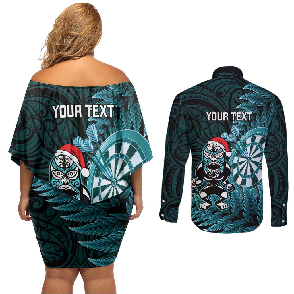 Personalised New Zealand Darts Christmas Couples Matching Off Shoulder Short Dress and Long Sleeve Button Shirt Maori Fern Merry Dartsmas LT14 - Polynesian Pride