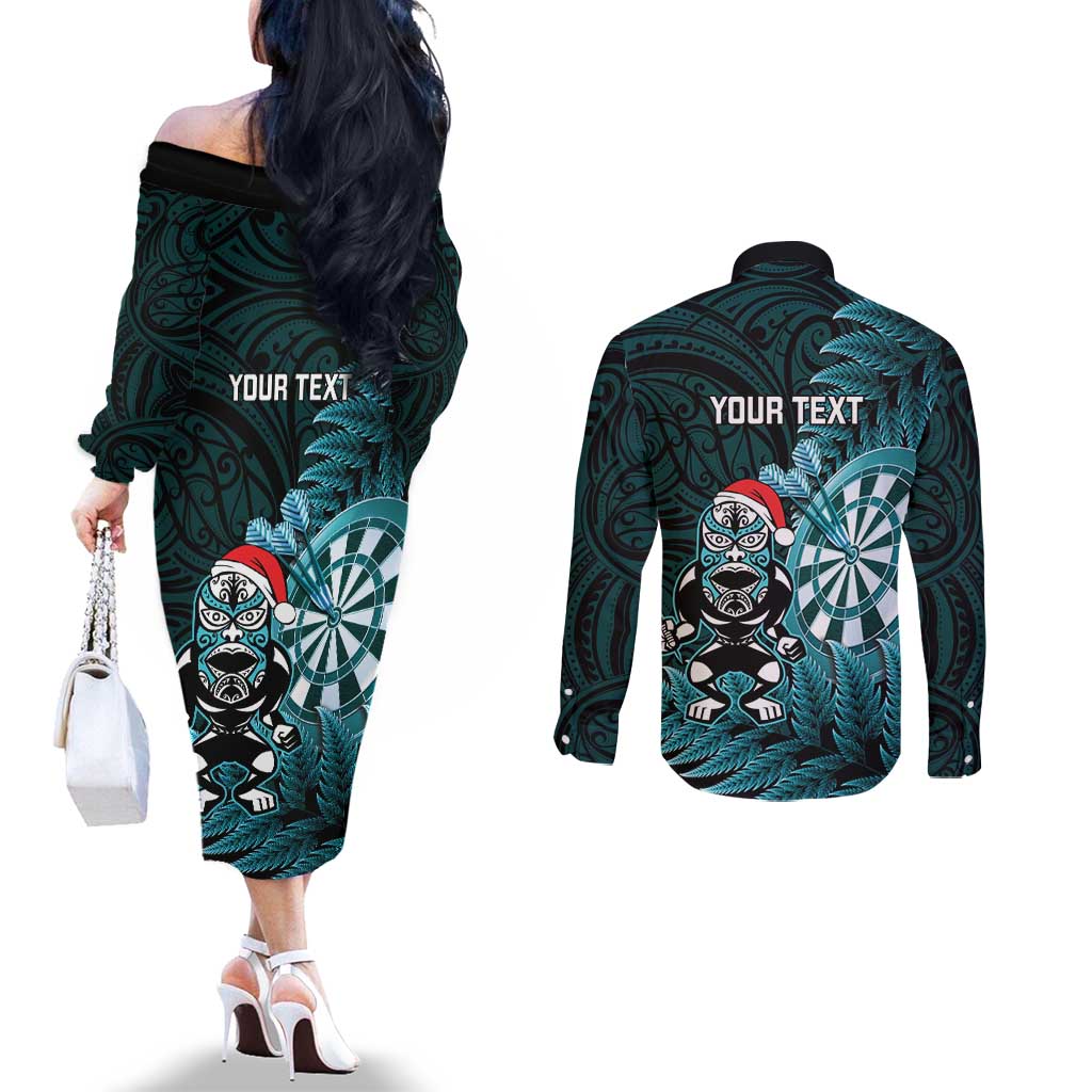 Personalised New Zealand Darts Christmas Couples Matching Off The Shoulder Long Sleeve Dress and Long Sleeve Button Shirt Maori Fern Merry Dartsmas LT14 - Polynesian Pride