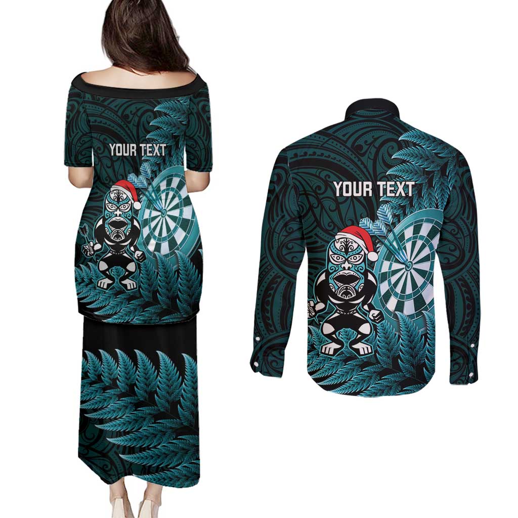 Personalised New Zealand Darts Christmas Couples Matching Puletasi and Long Sleeve Button Shirt Maori Fern Merry Dartsmas LT14 - Polynesian Pride