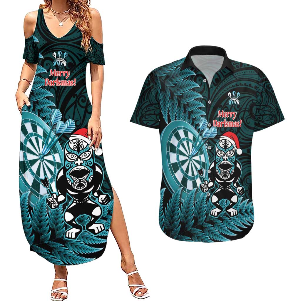Personalised New Zealand Darts Christmas Couples Matching Summer Maxi Dress and Hawaiian Shirt Maori Fern Merry Dartsmas LT14 Cyan - Polynesian Pride