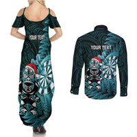 Personalised New Zealand Darts Christmas Couples Matching Summer Maxi Dress and Long Sleeve Button Shirt Maori Fern Merry Dartsmas LT14 - Polynesian Pride