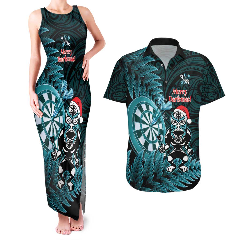 Personalised New Zealand Darts Christmas Couples Matching Tank Maxi Dress and Hawaiian Shirt Maori Fern Merry Dartsmas LT14 Cyan - Polynesian Pride