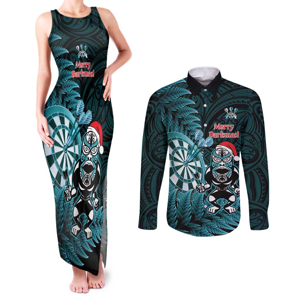 Personalised New Zealand Darts Christmas Couples Matching Tank Maxi Dress and Long Sleeve Button Shirt Maori Fern Merry Dartsmas LT14 Cyan - Polynesian Pride