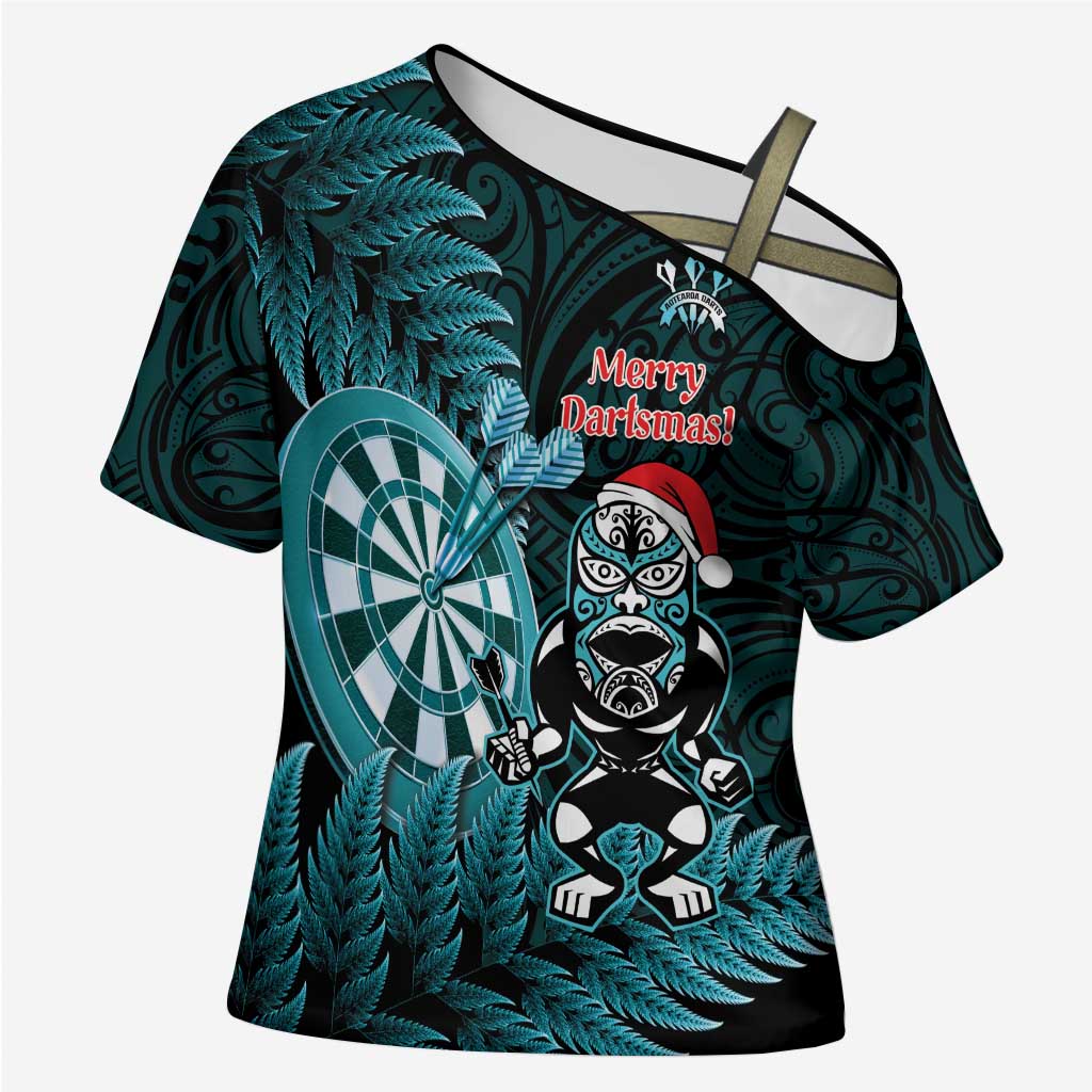 Personalised New Zealand Darts Christmas Cross Shoulder Shirt Maori Fern Merry Dartsmas - Polynesian Pride
