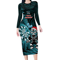 Personalised New Zealand Darts Christmas Family Matching Long Sleeve Bodycon Dress and Hawaiian Shirt Maori Fern Merry Dartsmas LT14 Mom's Dress Cyan - Polynesian Pride