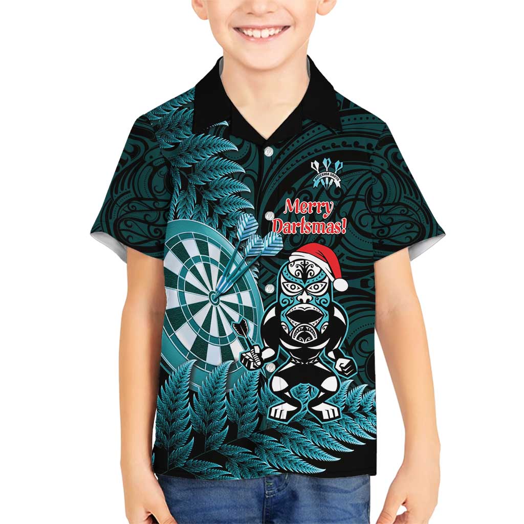 Personalised New Zealand Darts Christmas Family Matching Long Sleeve Bodycon Dress and Hawaiian Shirt Maori Fern Merry Dartsmas LT14 Son's Shirt Cyan - Polynesian Pride