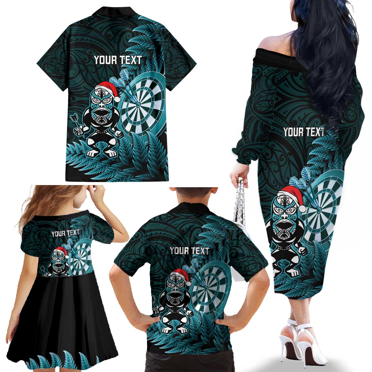 Personalised New Zealand Darts Christmas Family Matching Off The Shoulder Long Sleeve Dress and Hawaiian Shirt Maori Fern Merry Dartsmas LT14 - Polynesian Pride