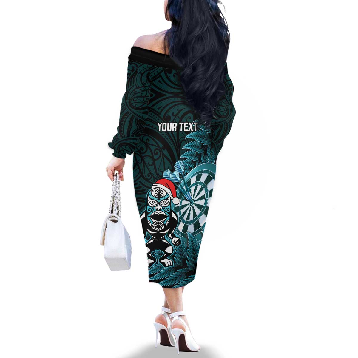 Personalised New Zealand Darts Christmas Family Matching Off The Shoulder Long Sleeve Dress and Hawaiian Shirt Maori Fern Merry Dartsmas LT14 - Polynesian Pride
