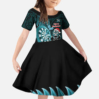Personalised New Zealand Darts Christmas Family Matching Off Shoulder Maxi Dress and Hawaiian Shirt Maori Fern Merry Dartsmas LT14 Daughter's Dress Cyan - Polynesian Pride