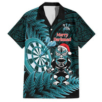 Personalised New Zealand Darts Christmas Family Matching Off Shoulder Maxi Dress and Hawaiian Shirt Maori Fern Merry Dartsmas LT14 Dad's Shirt - Short Sleeve Cyan - Polynesian Pride