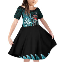 Personalised New Zealand Darts Christmas Family Matching Off Shoulder Short Dress and Hawaiian Shirt Maori Fern Merry Dartsmas LT14 Daughter's Dress Cyan - Polynesian Pride