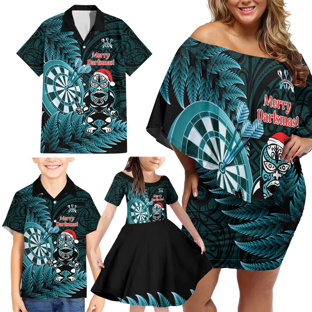 Personalised New Zealand Darts Christmas Family Matching Off Shoulder Short Dress and Hawaiian Shirt Maori Fern Merry Dartsmas LT14 - Polynesian Pride