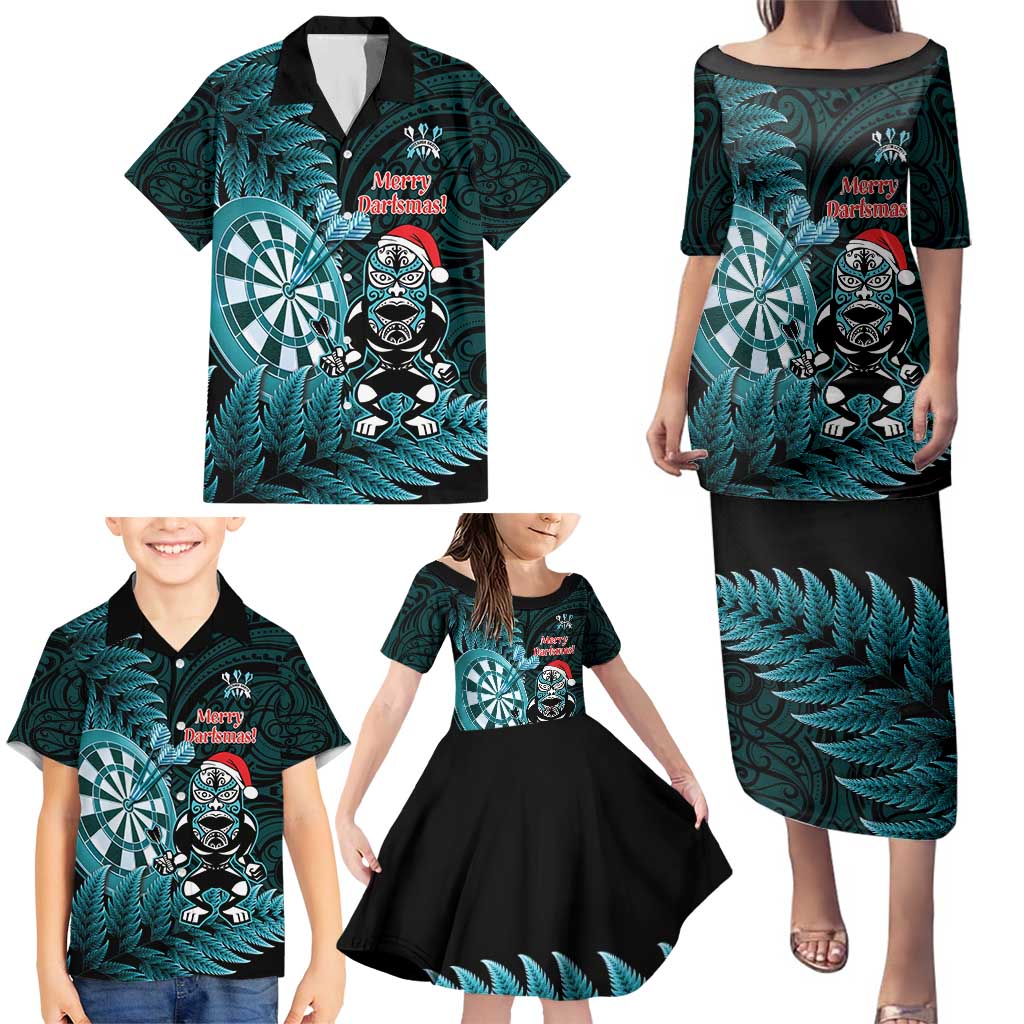 Personalised New Zealand Darts Christmas Family Matching Puletasi and Hawaiian Shirt Maori Fern Merry Dartsmas - Polynesian Pride