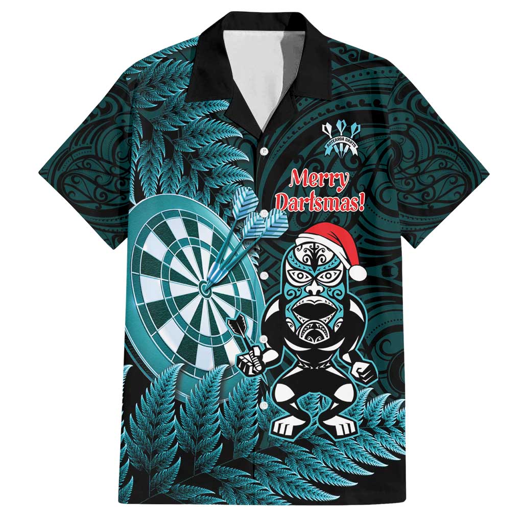 Personalised New Zealand Darts Christmas Family Matching Puletasi and Hawaiian Shirt Maori Fern Merry Dartsmas LT14 Dad's Shirt - Short Sleeve Cyan - Polynesian Pride