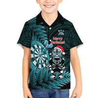 Personalised New Zealand Darts Christmas Family Matching Puletasi and Hawaiian Shirt Maori Fern Merry Dartsmas LT14 Son's Shirt Cyan - Polynesian Pride